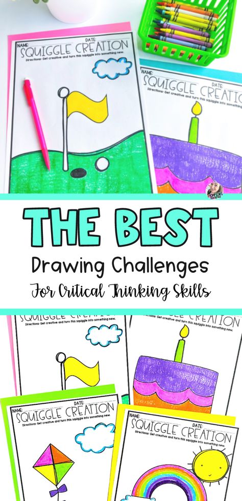 Engage your students and help them develop critical thinking skills with these squiggle drawing challenges! Your classroom students will love these coloring and drawing activities. Use them for morning work, early finishers, brain breaks, and more. These no prep printables are perfect for kindergarten, 1st grade, and 2nd grade kids. They are great for enhancing critical thinking skills and are no prep. Learn more here! Squiggle Drawing, Thinking Skills Activities, Critical Thinking Skills Activities, Math Early Finishers, Mindfulness Activity, Space Crafts For Kids, Early Finisher Activities, Fast Finisher Activities, Critical Thinking Activities