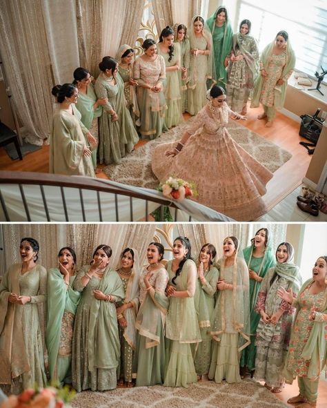 Punjabi Wedding Suit Bridesmaid, Asian Wedding Bridesmaid Dresses, Same Colour Dress For Family Indian, Wedding Colour Schemes Indian, Sage Green Indian Bridesmaid Dresses, Mendhi Outfit For Bridesmaid, Desi Bridal Party, Punjabi Wedding Colour Themes, Wedding Dress Theme Indian