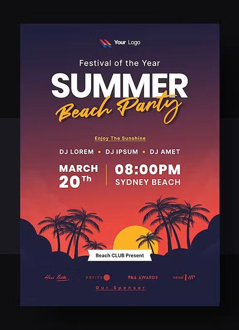 Tropical Summer Beach Party Flyer & Poster Template PSD Beach Party Flyer Design, Beach Party Poster, Festival Artwork, Beach Party Flyer, Party Design Poster, Summer Party Flyer, Sunset Party, Sydney Beaches, Festival Inspo