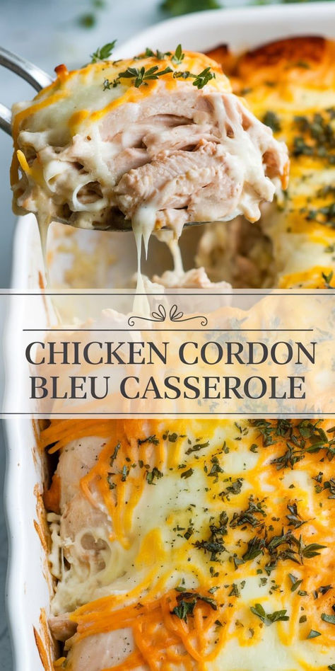 Creamy, cheesy, and packed with flavor! This Chicken Cordon Bleu Casserole has layers of tender chicken, ham, and melted Swiss cheese, topped with a crunchy breadcrumb crust. Chicken Cordon Bleu Bubble Up Bake, Ham Swiss Casserole, Cheesy Chicken Cordon Bleu Casserole, Chicken And Ham Crockpot Recipes, Chicken Cordon Bleu Easy Casserole Recipes, Healthy Chicken Cordon Bleu Casserole, Chicken Ham Swiss Casserole, Dinner Recipes For Large Groups, Chicken And Ham Casserole