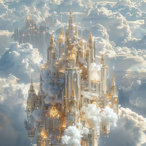 Heaven Castle Aesthetic, Heavenly Fantasy World, Castle In Clouds Aesthetic, Air Castle Fantasy Art, What Heaven Looks Like, White Castle Fantasy Art, Sky Castle Aesthetic, Sky Kingdom Aesthetic, Istana Aesthetic