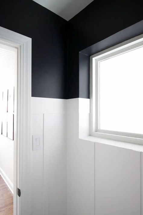 Black Bathroom Paint, White Board And Batten, Small Powder Room, White Bathroom Paint, Bold Bathroom, Black Paint Color, Black White Bathrooms, Bathroom Paint, Diy Playbook