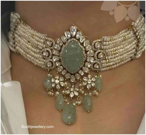 Pearl choker with polki emerald pendant photo Pearl Choker Indian Jewelry, Indian Pearl Choker Necklace, Pearl Kundan Choker Necklace For Wedding, Indian Pearl Choker, Pearl Choker Necklace Indian, Kundan Pearl Choker, Pearl Choker Set, Polki Victorian Choker, Pearls Jewellery