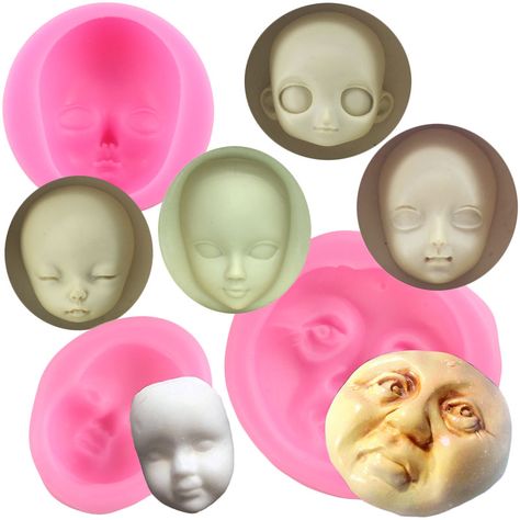 Fondant Faces Tutorial Step By Step, Polymer Clay Faces Tutorial, Dolls With Clay Faces, Face Molds For Polymer Clay, Silicone Doll Molds, Polymer Clay Craft, Resin Moulds, Candy Clay, Baking Products