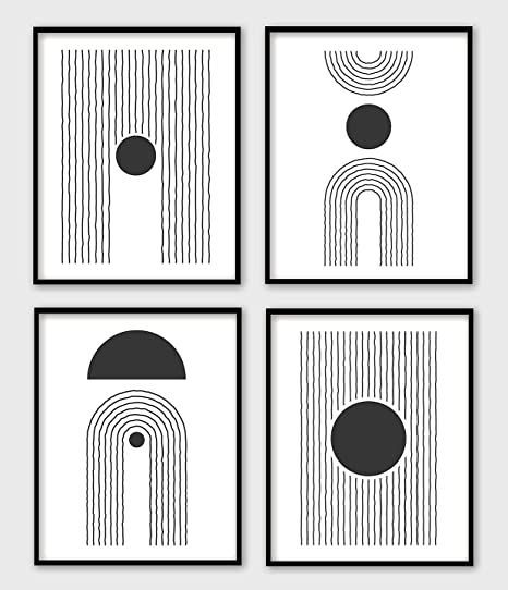 Second Sun Collection From Timeless Persona Home Decor - Set of 4 Minimalist Abstract Black and White Art Prints | Boho Living Room Wall Art | Contemporary Line Art Drawings | Mid Century Modern Artwork | Calming Geometric Aesthetic Posters for Kitchen (Includes Four 8”x10” UNFRAMED Matte Fine Art Prints) Posters For Kitchen, Abstract Black And White Art, Boho Living Room Wall, Home Decor Mid Century Modern, Black And White Art Prints, White Abstract Wall Art, Mid Century Interior Design, Black White Painting, Geometric Aesthetic