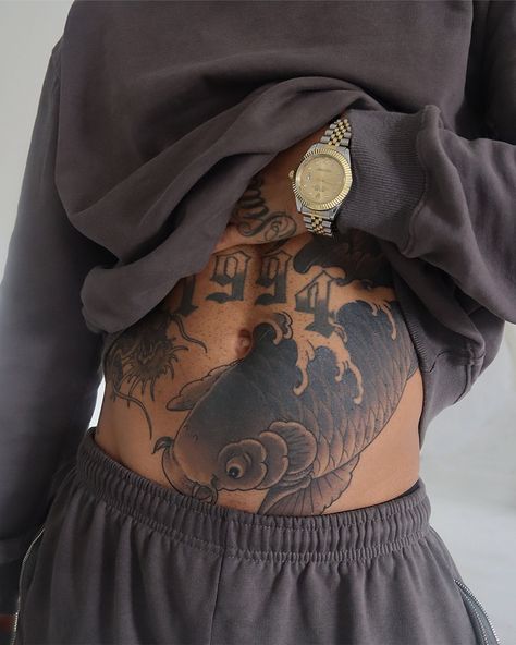 Wrap Around Torso Tattoo, Tattoo For Designers Graphics, Men Tattoo Leg Sleeve, Koi Fish Stomach Tattoo, Tattooed Stomach, Men Hip Tattoo, Torso Tattoo Men, Back Tattoo Men, Back Piece Tattoo Men