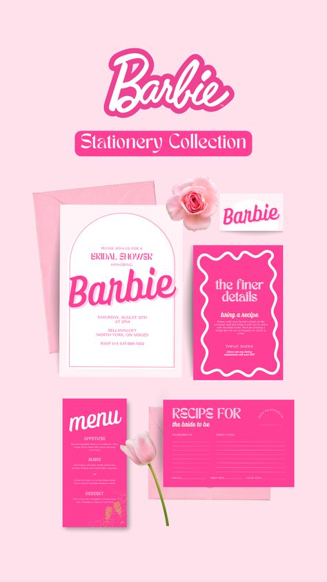 Barbie Pink Wedding Invitation Stationery Dinner Menu Barbie Welcome Sign, Barbie Invitation, Barbie Wedding Invitations, Barbie Bridal Shower, Barbie Theme Invitation Card, Invitation Card Design Barbie, Barbie Bachelorette Itinerary, Come On Barbie Lets Go Party Invitation, Pink Bridal Shower Theme