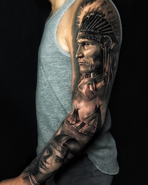 70 Native American Tattoo Designs | Art and Design Red Indian Tattoo, Indian Chief Tattoo, Native Indian Tattoos, Native American Tattoo Designs, Indian Tattoo Design, Tattoos Dainty, Tato Tradisional, Indian Tattoos, Catrina Tattoo