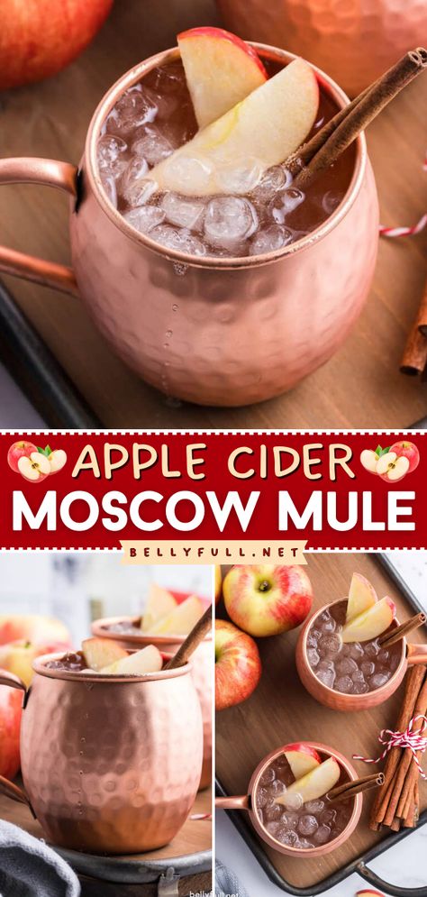 This easy fall recipe is one of the cocktails to make at home! You can even whip up a big batch of this simple fall drink for a party. Sweet, sour, and boozy, this Apple Cider Moscow Mule is a fun twist on the traditional! Pumpkin Spice Apple Cider Moscow Mules, Fall Flavored Moscow Mules, Carmel Apple Moscow Mule Recipe, Apple Cider Moscow Mules, Apple Cider Mules, Crown Apple Mule Recipe, Apple Cider Moscow Mule Recipe, Apple Cider Mule Mocktail, Simple Fall Mixed Drinks