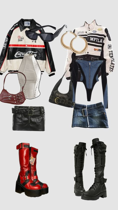 matching racing fits 🏎️🏁 #outfit #style Racer Theme Outfit, Racing Tee Outfit, Racecar Outfit Aesthetic, Motor Sport Outfit Women, Racer Inspired Outfits, Racing Jersey Outfit, Y2k Racer Aesthetic, Raceway Outfit, Street Racer Outfit Women