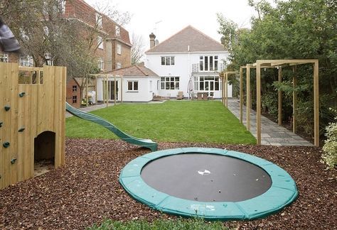 Garden Play Area, Child Friendly Garden, In Ground Trampoline, Kids Yard, Backyard Ideas For Small Yards, Backyard Trampoline, Backyard Kids Play Area, Play Garden, Outside Play