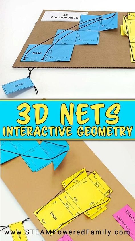 Students will love learning about Geometry, Area and 3D Shapes in this interactive and fun 3D Nets Geometry activity. In this 3D Nets Geometry Activity, students will learn about shapes, dimensions and calculating area. Fun geometry projects that are interactive are a wonderful way to engage students in math. This project makes the perfect addition to a math center. Video tutorial and printables can be found at STEAMPoweredFamily.com Geometry Stem Activities, Geometry Project Ideas, Math Steam Project, Maths Project Ideas Modal, 3d Nets Printable, Math Diy Projects, 3d Shapes Maths Project, 3d Shape Nets Printable, Solid Shapes Activities