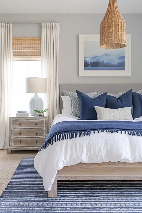 Santorini Style Bedroom, Guest Bedroom Ideas Light Blue, New England Bedroom Ideas, Blue Master Bedrooms Decor Cozy, Navy And Cream Bedroom, Bedroom Blue Accents, White And Navy Bedroom, Blue Master Bedrooms Decor, Blue And Cream Bedroom Ideas