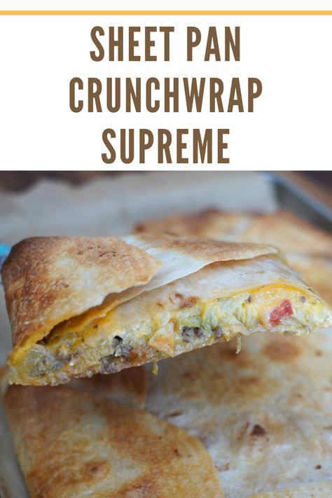 This sheet pan Crunchwrap Supreme is a family favorite! It's an easy and delicious way to enjoy a Taco Bell favorite right in your own kitchen. Sheet Pan Crunchwrap, Crunch Wrap Supreme Recipe Sheetpan, Crunch Wrap Sheet Pan, Sheet Pan Crunch Wrap Supreme, Sheet Pan Crunch Wrap, Crunch Wrap Supreme Recipe, Breakfast Crunchwrap, Crunchwrap Supreme, Crunch Wrap