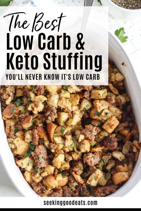 This low carb and keto stuffing recipe is not only delicious, but it's easy to make with store-bought keto bread! So good that no one will know this is low carb stuffing! Add this side dish recipe to your holiday menu, Thanksgiving and Christmas! Low Calorie Stuffing Recipe, Keto Thanksgiving Recipes Stuffing, Low Carb List Of Foods, Low Carb Dressing Thanksgiving, Keto Sausage Stuffing, Keto Bread Stuffing, Keto Stuffing Recipes Thanksgiving, Keto Holiday Recipes Appetizers, Carnivore Stuffing Recipe