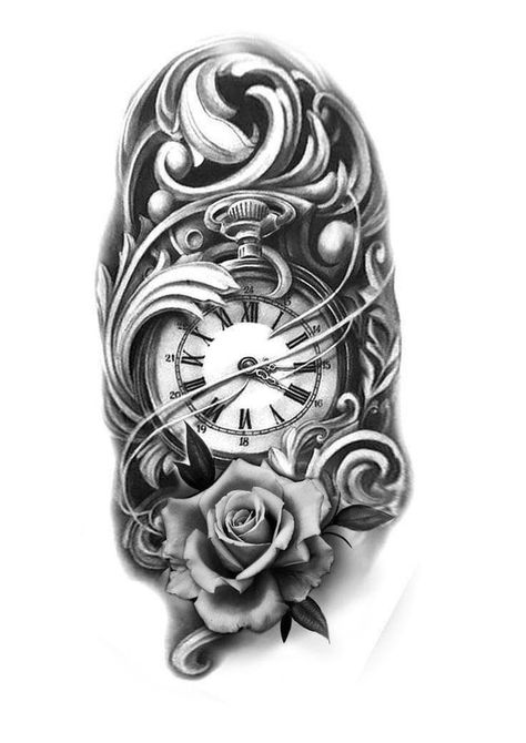 Time Clock Tattoo, Outer Bicep Tattoos, Pocket Watch Tattoo Design, Clock And Rose Tattoo, Watch Tattoo Design, Pocket Watch Tattoos, Rose Clock, Filigree Tattoo, Watch Tattoo