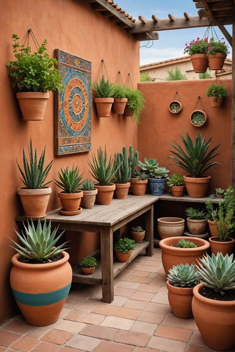 Mexican Backyard Decor, Desert Potted Plants Patio, Desert Oasis Backyard Landscaping Ideas, Jardines Exteriores Ideas Design, Mexican Tile Patio, Spanish Patio Ideas, Mexican Patio Decor, Mexican Garden Ideas, Hacienda Garden