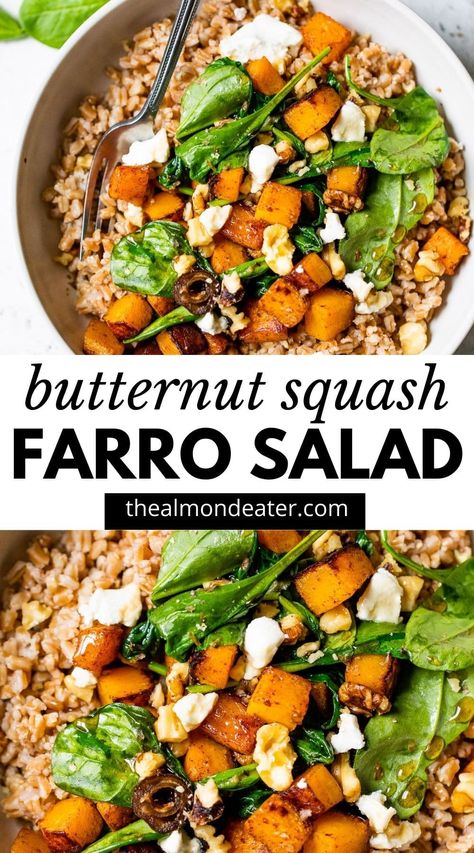 Farro And Butternut Squash Recipes, Farro With Butternut Squash, Faro And Butternut Squash, Squash Farro Salad, Butternut Squash Farro, Spinach And Goat Cheese, Farro Salad Recipes, Butternut Squash Spinach, Farro Recipes