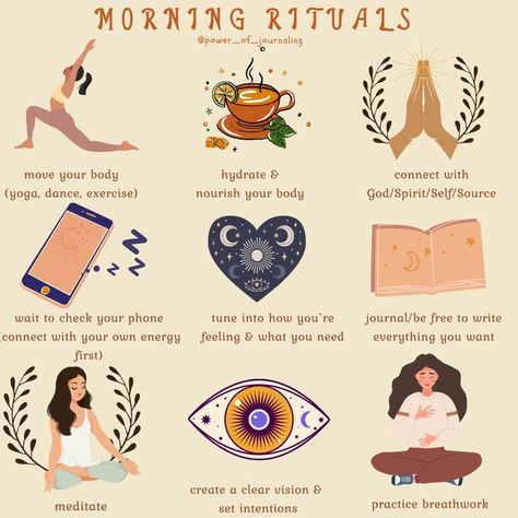 #morning #morningrituals #planning #hydrate #nourish #nourishyourbody #yoga #dance #exercise #streaching #connectwithgod #nature #journaling #meditate #setintentions #breathwork #selfcaredaily #selfcare #selfcaretips #selfcarerituals #healing #powerofjournaling #healingpowerofjournaling Lammas Lughnasadh, Morning Routines List, Vibrational Healing, Moon Pics, Gratitude Daily, Modern Mystic, Moon Magick, Witch Rituals, Daily Love