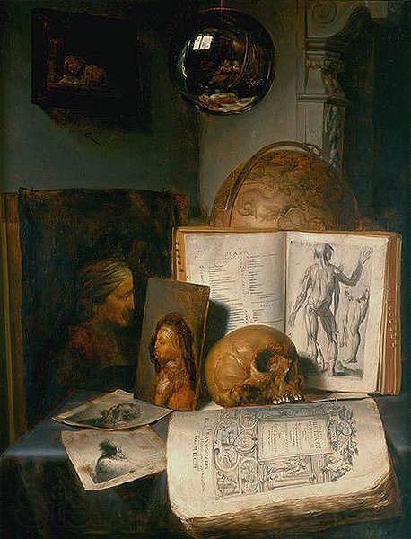 simon luttichuys -  Vanitas still life with skull, books, prints and paintings by Rembrandt and Jan Lievens. Gerrit Dou, Vanitas Paintings, Dutch Still Life, Still Life Artists, Baroque Art, Old Paintings, A Skull, Painting Still Life, Still Life Art