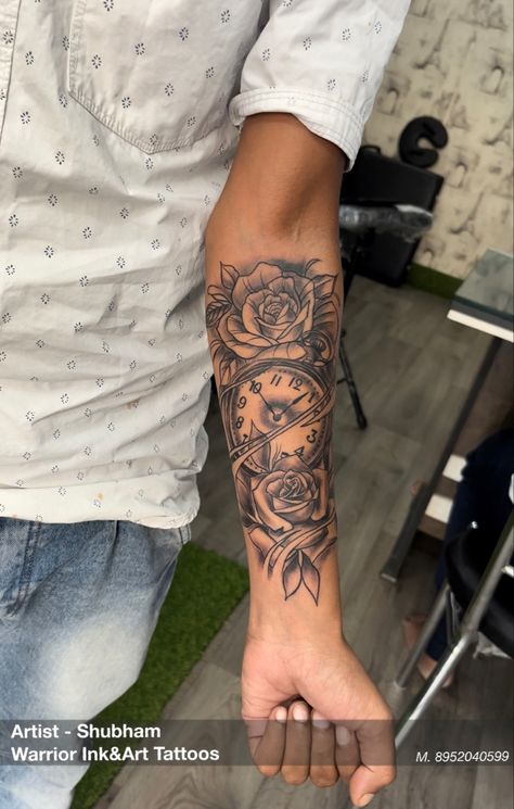 Clock Forearm Tattoos For Women, Flower And Clock Tattoo Men, Roses Arm Tattoo Men, Mens Rose Arm Tattoo, Men Roses Tattoo, Tattoo Ideas For Men Clock, Flower Tattoo Forearm Men, Clock Tattoo With Roses, Men Flower Tattoo Arm