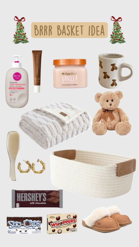 Brrr basket ideas for anyone who doesn’t know what to get Cute Christmas Ideas, Girly Christmas Gifts, Holiday Baskets, Birthday Basket, A Gift Basket, Cute Gifts For Friends, Christmas Baskets, Girly Gifts, Cute Christmas Gifts