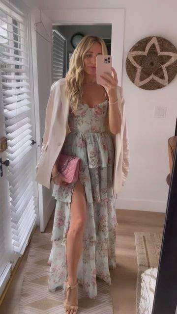 V. Chapman on Instagram: "Ready to go to the rehearsal dinner with a pop of pink and a blazer to keep us warm! 💕 THE CATERINA DRESS in TAPESTRY ROSE 🌹. . . . . #vchapman #wedding #weddingdress #floralprint #brides #bride #vchapmanbridal #bridesmaiddress #weddingguest #weddingguestdress" Blazer With Dress Wedding Guest, Dress With Blazer, Caterina Dress, V Chapman, Warm Dress, Dress Wedding Guest, Warm Dresses, Rehearsal Dinner, Rehearsal Dinners