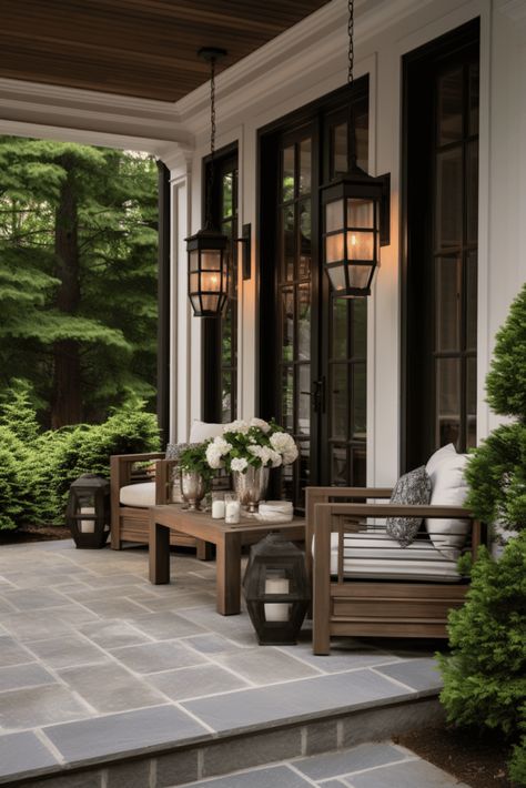 Front Porch With French Doors, Farmhouse Modern Front Porch, Paver Patio Front Yard, Mediterranean Porch Decor, Pretty Front Porch Ideas, Large Front Porch Furniture Ideas, Front Porch Lounge Ideas, Black Front Porch Ideas, Front Terrace House Ideas