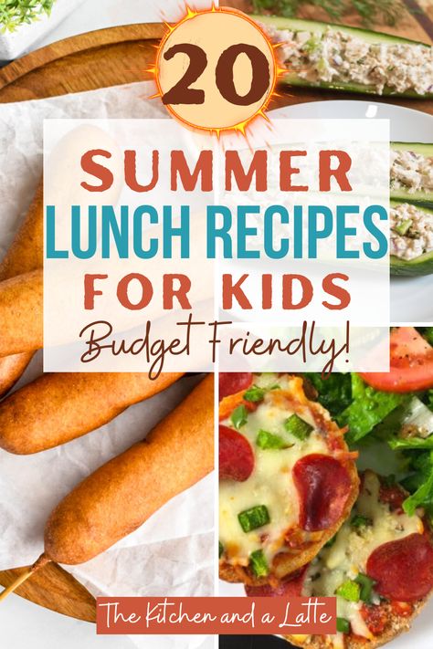 20 summer lunch recipes for kids - budget friendly! 3 of the recipes shown - dill tuna in cucumber boats on a plate ready to eat, mini air fryer pizzas on a plate ready to eat and homemade corn dogs on a plate ready to eat. Lunch Ideas Kids At Home Meals, Summer Lunch Ideas For Kids, Easy Lunch Ideas For Home, Kids Lunch Ideas For Home, Lunch Ideas Kids At Home, Cheap Lunch Ideas, Homemade Corn Dogs, Summer Lunch Recipes, Summer Lunch Ideas