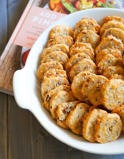 Southern Cheese Crackers recipe + Add a Pinch Cookbook Southern Cheese Biscuits, Cheeseit Snack Recipe, Southern Appetizers Easy, Imperial Cheese Crackers, Peg Bracken Recipes, Cheese Cracker Recipes Homemade, Home Made Cheese Crackers, Southern Appetizer Recipes, Southern Cheese Straws