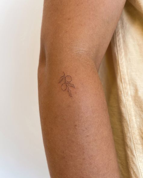 Small tattoos, small fruit tattoos, lemon with leaves, tattoo ideas Fine Line Grapefruit Tattoo, Arm Tattoo Women Minimalist, Orange Branch Tattoo Minimal, Tiny Ribcage Tattoo, Orange Tattoos Fruit, Fineline Tiny Tattoo, Big Dainty Tattoos For Women, Fine Line Edelweiss Tattoo, Lemon Small Tattoo