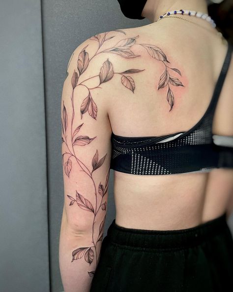 Shoulder Arm Vine Tattoo, Leave Tattoo Sleeve, Upper Arm Tattoos For Women Vines, Vine Up The Arm Tattoo, Wrap Leaf Tattoo Arm, Sleeve Leaves Tattoo, Upper Arm Henna Tattoo, Leaves Arm Tattoos For Women, Wrapping Vine Tattoo Arm