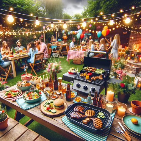 Fire up the grill! 🍔🔥 Enjoy a backyard barbecue with friends, great food, and festive vibes. What's your favorite BBQ dish?  #BackyardBBQ #SummerParty #GrillMaster #OutdoorFun #FestiveVibes #FoodAndFriends #PartySetup #HomeGathering #PicnicStyle #OutdoorLiving #AIImages #ArtificialIntelligence #photography #love #art #fashion #music #instagood #photooftheday #reels American Barbecue Party, Backyard Cookout Aesthetic, Barbecue With Friends Aesthetic, Backyard Bbq Decor, Bbq Garden Party, Backyard Bbq Aesthetic, Family Bbq Aesthetic, Bbq Party Aesthetic, Aussie Barbecue