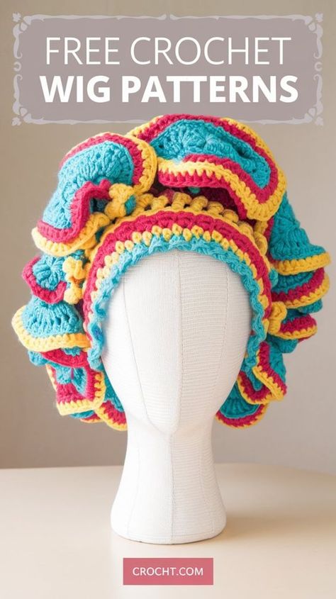 Crochet wigs using these free patterns for a creative and bold addition to your wardrobe or costume collection. Unusual Crochet Projects, Crochet Wig Pattern, Fun Wigs, Baby Wig, Unusual Crochet, Crochet Shawl Tutorial, Crochet Wigs, Crochet Hook Organizer, Crocheted Clothes