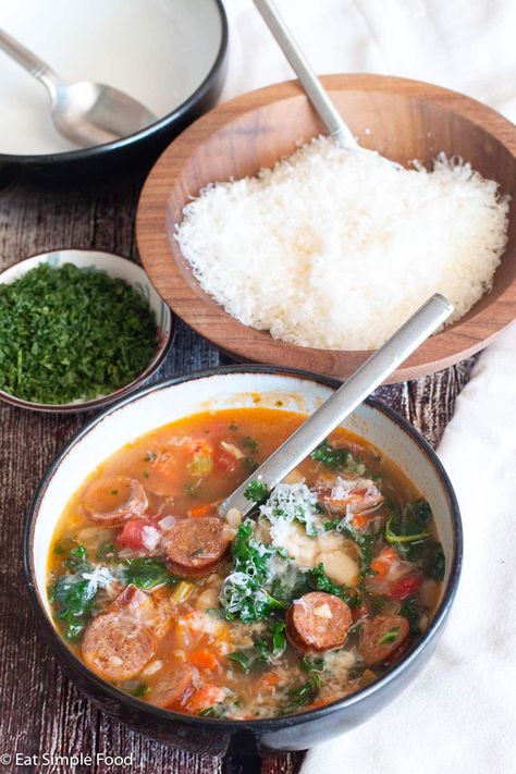 Turkey Kielbasa, White Bean, and Kale Soup Recipe / Video - Eat Simple Food Kale Kielbasa Soup, White Bean And Kielbasa Soup, Turkey Kielbasa Recipes, Lima Bean Soup, Kale And Bean Soup, White Bean And Kale Soup, Bean And Kale Soup, White Bean And Kale, Turkey Kielbasa