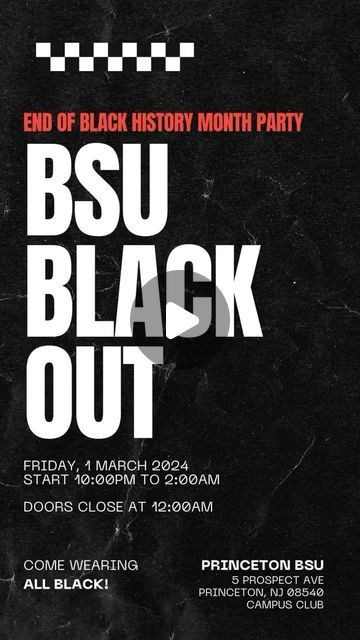 Princeton Black Student Union on Instagram: "Hey y’all!! The BSU board is very excited to host our end of BHM party titled “BSU BLACK OUT”. Join us this friday March 1st from 10pm to 2pm at Campus Club. We are very excited to be partnering with @tcnjbsu as we end the month with a banger. So come with your fav black fit, black friends, and black joy as we end the month right! 🖤🖤  • • • • • • • DJ: @djskillz_sxm" Bsu Event Ideas, Black Student Union Event Ideas, Black Student Union Ideas Events, Black T-shirt For College Events, Black Student Union Ideas, Bsu Events, Black Student Union Poster, Black Student Union Bulletin Board, Black Student Union Shirts