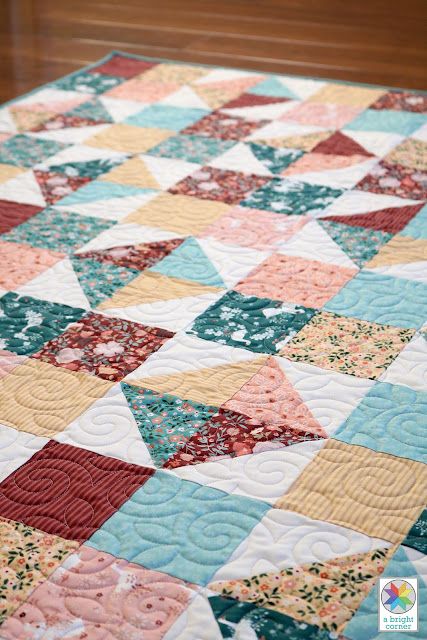 Quilt With 4 Inch Squares, 4 Patch And Half Square Triangle Quilts, Beginner Quilt Patterns Triangle, 6 Pattern Quilt, Squares And Triangles Quilts, Four Square Quilt Pattern Simple, Diagonal Square Quilt Pattern, Quilts Using Focus Fabric, 5x5 Quilt Pattern