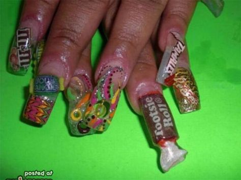 candy fingernails Nail Fails, Weird Nails, Ugly Nails, Bad Nails, Crazy Nail Designs, Crazy Nail Art, Trendy Nail Art Designs, Crazy Nails, Simple Nail Art Designs