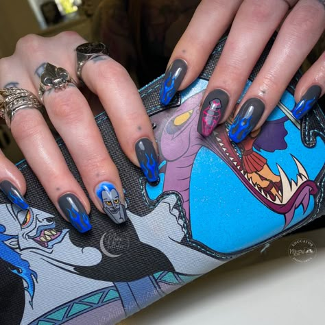 Hades Inspired Nails, Hades Nails Disney, Disney Villains Nail Designs, Hercules Nails, Hades Nails, Disney Villains Nails, Villains Nails, Lover Era Nails, Disney Villain Nails