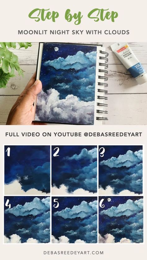 Moonlit night sky with clouds - acrylic painting in Sketchbook - Debasree Dey Art Painting In Sketchbook, Night Sky With Clouds, Night Sky Clouds, Clouds Acrylic, Sky With Clouds, Night Clouds, Acrylic Tutorials, Sky Art Painting, Flower Drawing Tutorials