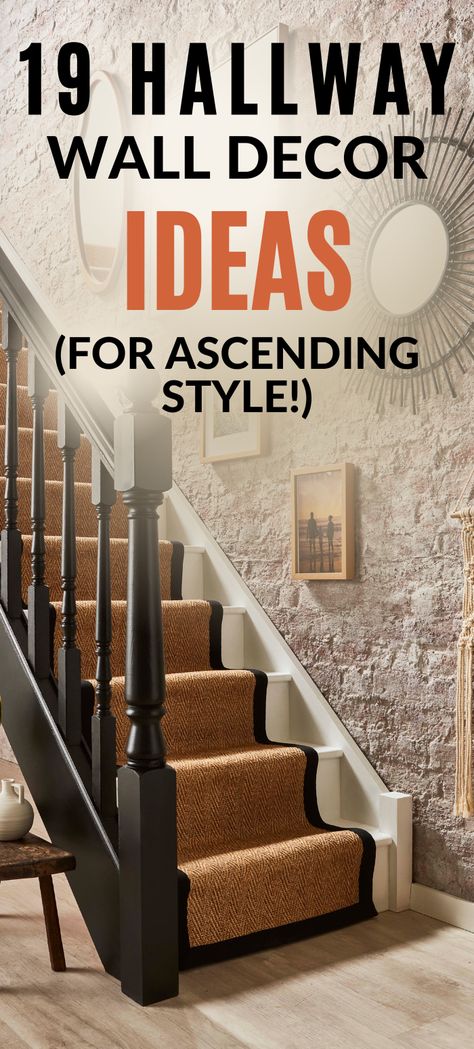 19 hallway wall decor ideas for ascending style, wooden flooring with black bannister and cream carpet stair runner with black border, the wall decor featuring a series of frames and round mirrors on ascending on the stairs. Basement Stairs Decorating Ideas, Corridor Feature Wall, Beautiful Entrance Halls, Unique Stairway Wall Decor, Tall Entryway Wall Decor Ideas, Hallway Staircase Decorating, High Ceiling Hallway Decor, Stair Well Decor Ideas, Big Stairway Wall Decor Ideas