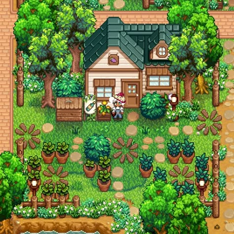 Stardew Flower Farm, Stardew Valley Riverland Farm Layout Cute, Cozy Stardew Valley, Stardew Garden Layout, Garden Stardew Valley, Stardew Valley Garden Layout, Stardew Valley Standard Farm Layout Year 1, Meadow Lands Farm Layout Stardew, Stardew House Exterior