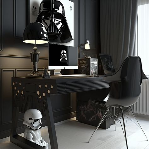 I know I'm not quite there yet, but I'll soon have more practice. As a big fan of the Star Wars universe, I couldn't be happier to create a home office with this theme. From the TIE Fighter legs on my black desk to the Darth Vader helmet-shaped desk lamp, every detail makes me smile with joy. Decorating the walls with Star Wars posters and displaying my action figures and collectibles related to the villain adds a personal touch that brings me satisfaction while I work. #StarWars #HomeOffice Darth Vader Room Ideas, Black Star Wars Bedroom, Starwars Office Theme, Darth Vader Bedroom, Star Wars Home Office, Star Wars Themed Office, Classy Star Wars Decor, Star Wars Man Cave Ideas, Star Wars Interior Design