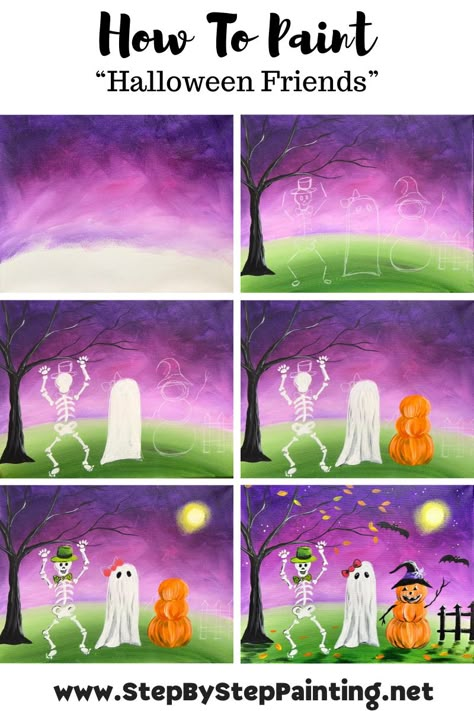 How To Paint "Halloween Friends" - Acrylic Painting Tutorial Halloween Canvas Paintings, Paint Halloween, Halloween Canvas Art, Decorating Painting, Skeleton Ghost, Painting Pumpkin, Halloween Friends, Fall Canvas Painting, Halloween Crafting