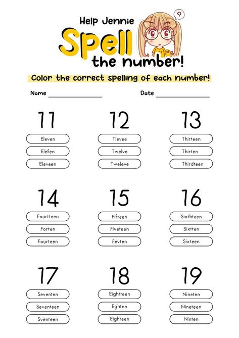 This worksheet is designed to help students practice identifying and writing teen numbers. Use this resource to reinforce understanding of teen numbers and improve numerical fluency. Try this engaging worksheet with your students today to enhance their number skills! #MathSkills #NumberPractice #WorkbookExercises #teennumberpractice Teen Numbers Worksheet, Number Names 11 To 20 Worksheet, Number 11-20 Worksheets, Numbers 11-20 Activities, 11-20 Number Worksheets, Numbers To 20 Worksheets, English Year 1, Number Spelling, Preschool Numbers