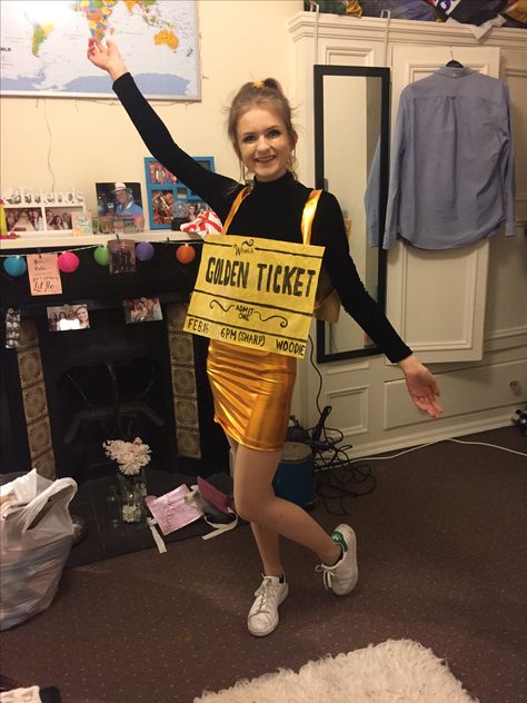 Golden ticket costume! Golden Ticket Costume Diy, Golden Halloween Costume, Golden Costume Ideas, Willy Wonka Characters Costumes, Beer Costume Diy, Golden Ticket Costume, Shrek Costume Diy, Teacher Book Character Costumes, Roald Dahl Costumes