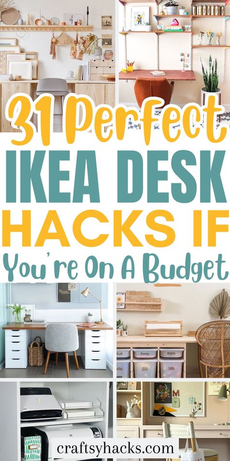 Try these genius IKEA desk hacks to organize office with absolute ease. You'll have a decluttered home and plenty of space to be creative. These simple storage hacks are beautiful and functional - give these organizing ideas a try! Ikea Craft Desk Hack, Ikea Desk Shelf Ideas, Filing Cabinet Desk Ideas, Art Desk With Storage, Tiktok Desk Aesthetic, Ikea Cube Desk Hack, Temporary Desk Ideas, Diy Bookshelf Desk Combo, Desk Style Ideas