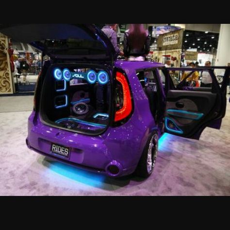 Surround sound on blast. kia soul Kia Soul Modified, Kia Soul Camping, Green Kia Soul, Kia Soul Custom, Kia Soul Accessories, Soul To Squeeze, Kia Soul 2015, Tent Set Up, Purple Car