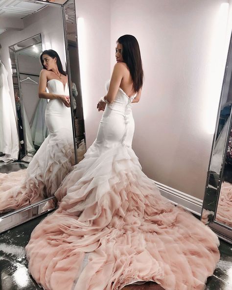 Wearing: Kelly Faetanini 'Joan' Gown  ♡♡♡ first thoughts on wedding dress shopping + my wedding dress moodboard: https://www.fashionlush.com/wedding-dress-moodboard/  #weddingdress #kellyfaetanini #wedding dressinspiration #modernweddingdress Pink Trumpet Wedding Dress, Pink White Wedding Dress, Kelly Faetanini Bridal, Pink Blush Wedding Dress, Sateen Wedding Dress, Pink Wedding Dress Mermaid, Soft Pink Wedding Dress, Fairytail Dress, Pink Ombre Wedding Dress