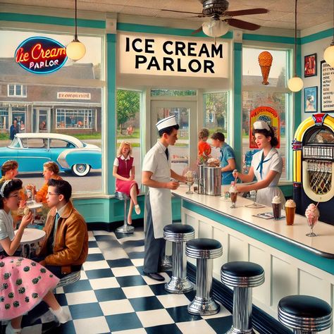 60s Ice Cream Parlor, Victorian Ice Cream Parlor, 1950s Ice Cream Shop, Vintage Laundromat Aesthetic, Vintage Ice Cream Sign, Old Ice Cream Shop, Retro Laundromat, Retro Ice Cream Shop, Vintage Ice Cream Shop